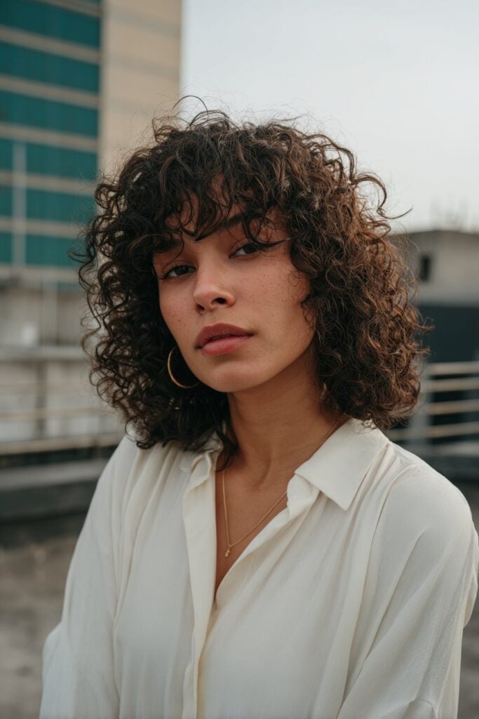 Shoulder Length Shag With Short Fringe and Auburn Undertones Shoulder Length Shag With Short Fringe and Auburn Undertones — Simple Curly Shag