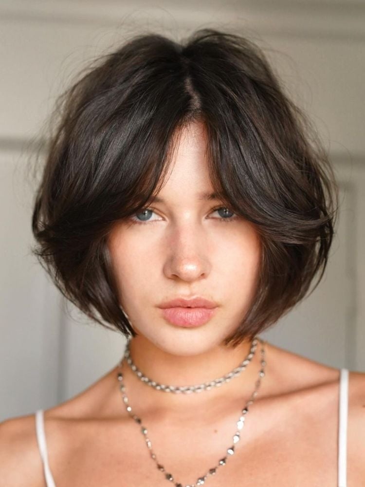 Dark Brown Bob With Wavy Curtain Bangs, Ear Dark Brown Bob With Wavy Curtain Bangs, Ear — Simple Curtain Bangs with Layers