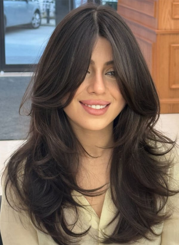 Mid-Back Dark Brown With Voluminous Layers Mid-Back Dark Brown With Voluminous Layers — Simple Curtain Bangs with Layers