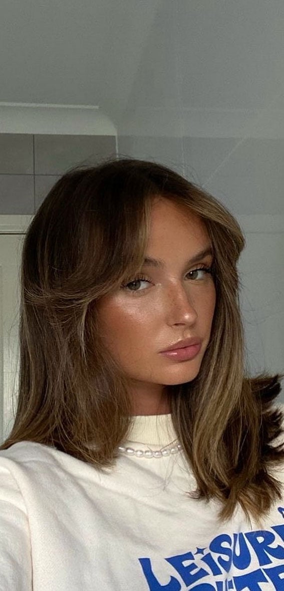 Shoulder Length Brown With Short Curtain Bangs Shoulder Length Brown With Short Curtain Bangs — Simple Curtain Bangs with Layers