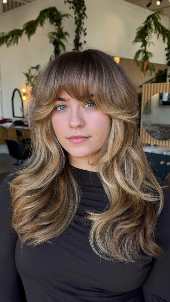 Beige Blonde Mid-Back With Distinct Curtain Bangs Beige Blonde Mid-Back With Distinct Curtain Bangs — Simple Curtain Bangs with Layers