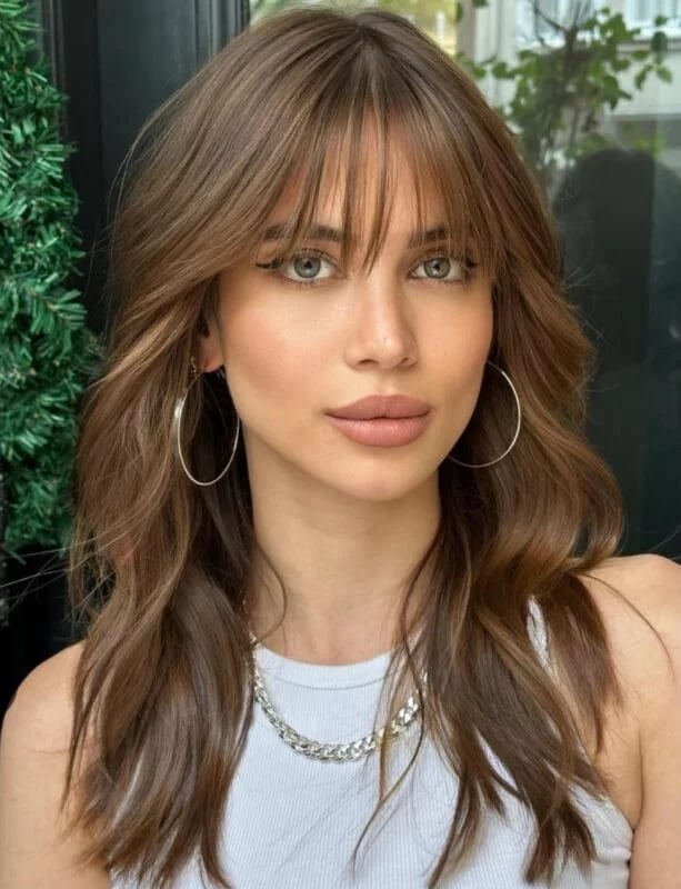 Shoulder Length Medium Brown With Curtain Bangs, Wavy Shoulder Length Medium Brown With Curtain Bangs, Wavy — Simple Curtain Bangs with Layers