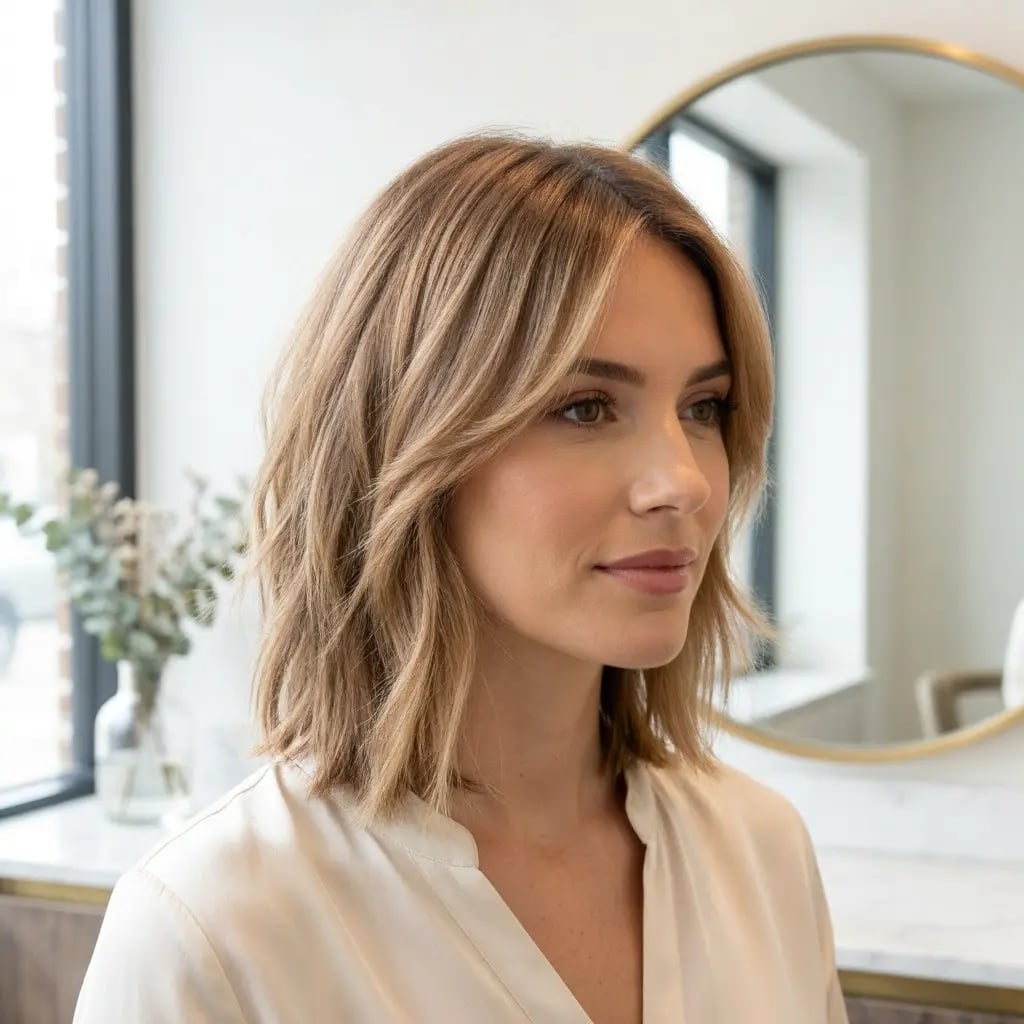 Collarbone Shag With Light Brown Highlights Collarbone Shag With Light Brown Highlights — Simple Curtain Bangs with Layers