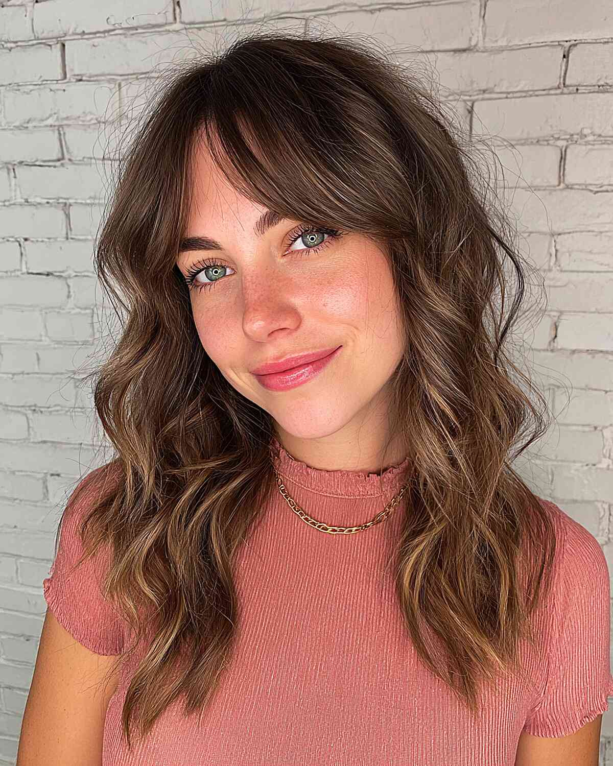 Shoulder Length Wavy Dark Brown With Curtain Bangs, Side Shoulder Length Wavy Dark Brown With Curtain Bangs, Side — Simple Curtain Bangs with Layers