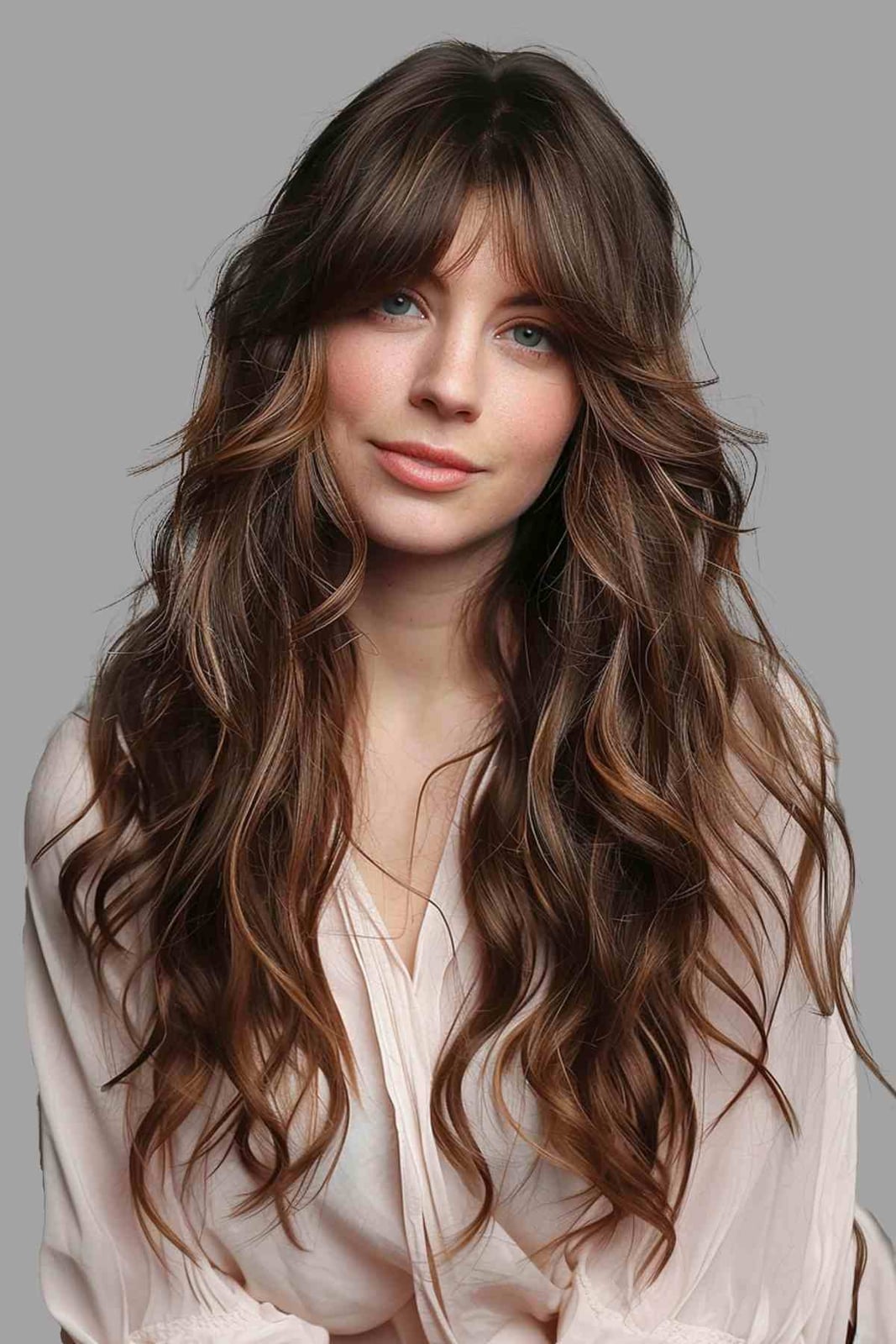 Long Layered Hair With Caramel Highlighted Bangs Long Layered Hair With Caramel Highlighted Bangs — Simple Curtain Bangs with Layers