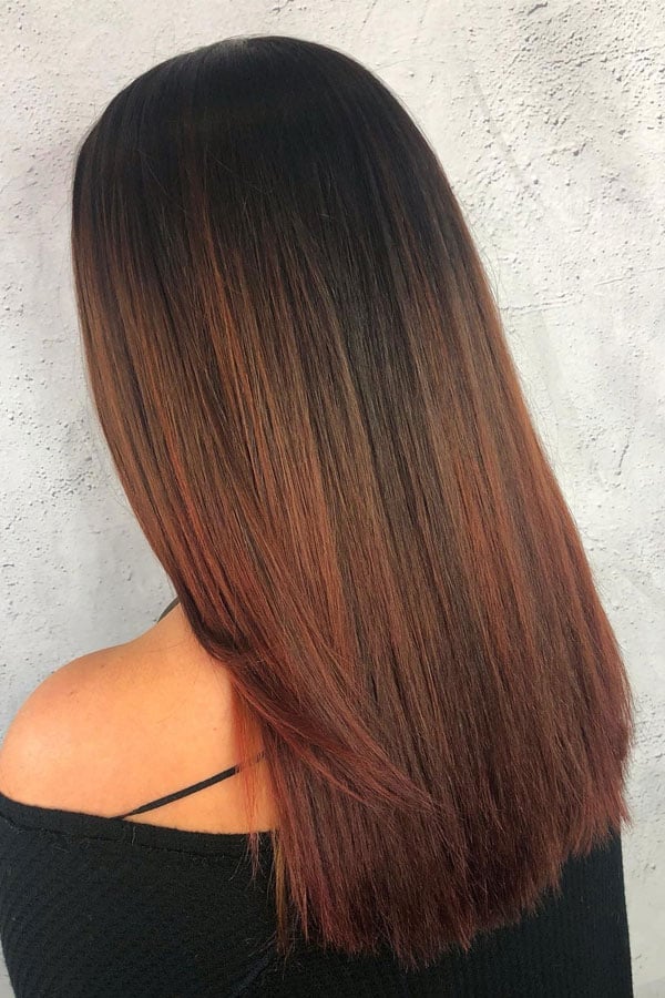 Mid-Back Straight Dark Brown With Auburn Balayage, Layers — Simple Dark Auburn Hair