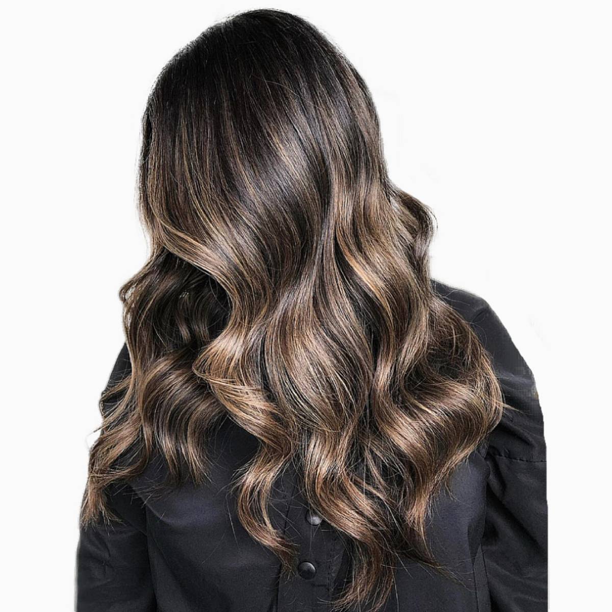 Mid-Back Dark Brown With Caramel Highlights Blowout, Wavy Mid-Back Dark Brown With Caramel Highlights Blowout, Wavy — Simple Dark Highlights