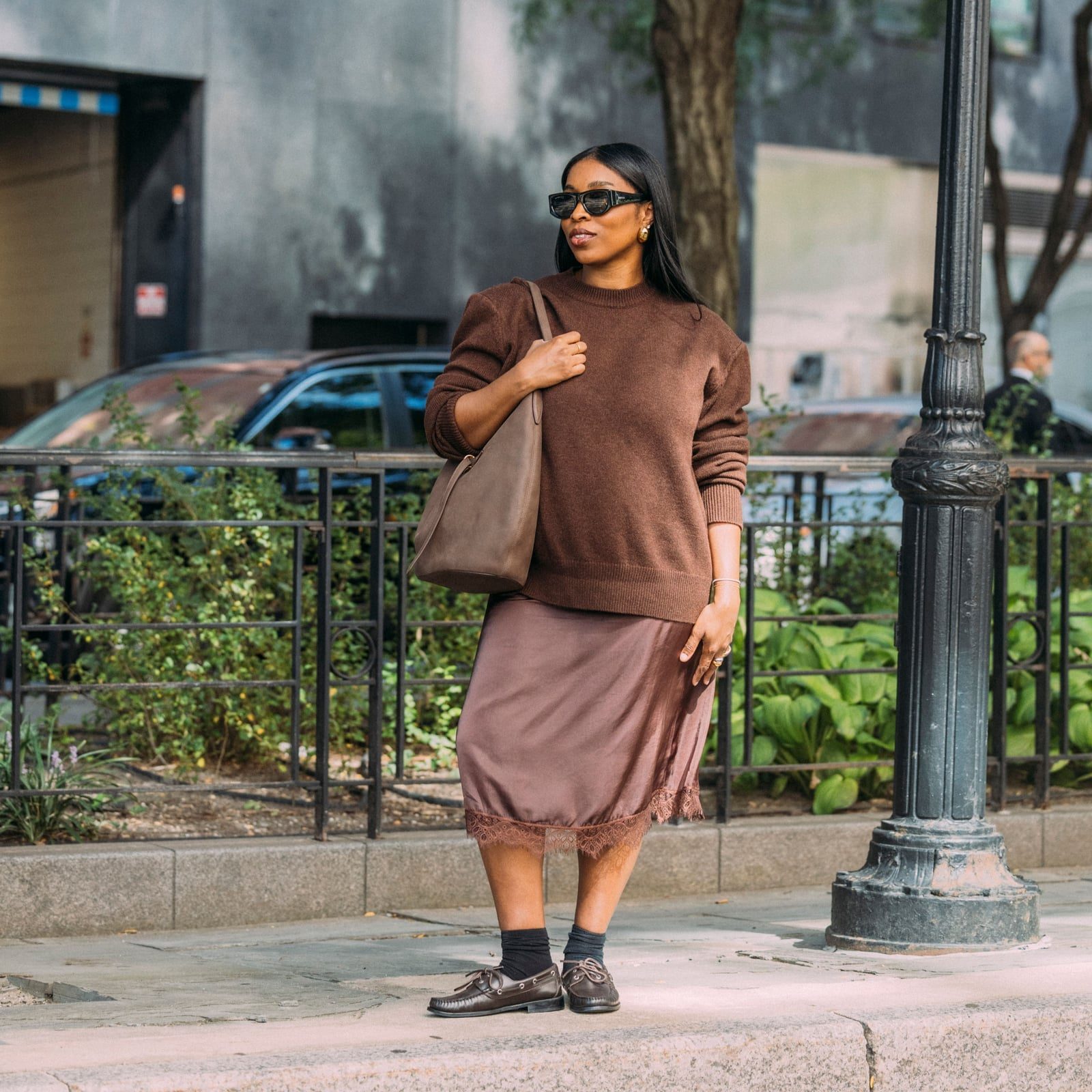 Crewneck Sweater With Satin Midi Skirt Crewneck Sweater With Satin Midi Skirt — Simple Dinner Outfits