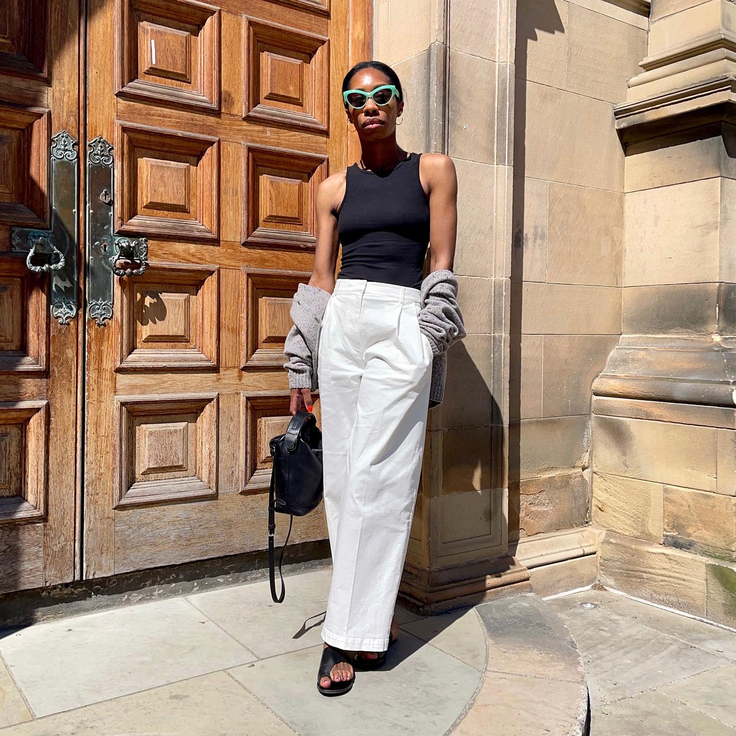 White Wide Leg Trousers With Grey Cardigan White Wide Leg Trousers With Grey Cardigan — Simple Dinner Outfits
