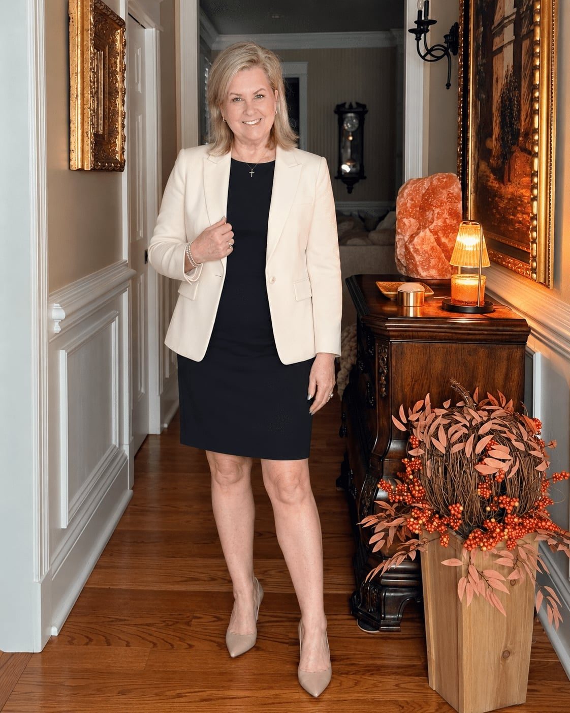Cream Blazer Over Navy Sheath Dress Cream Blazer Over Navy Sheath Dress — Simple Dinner Outfits