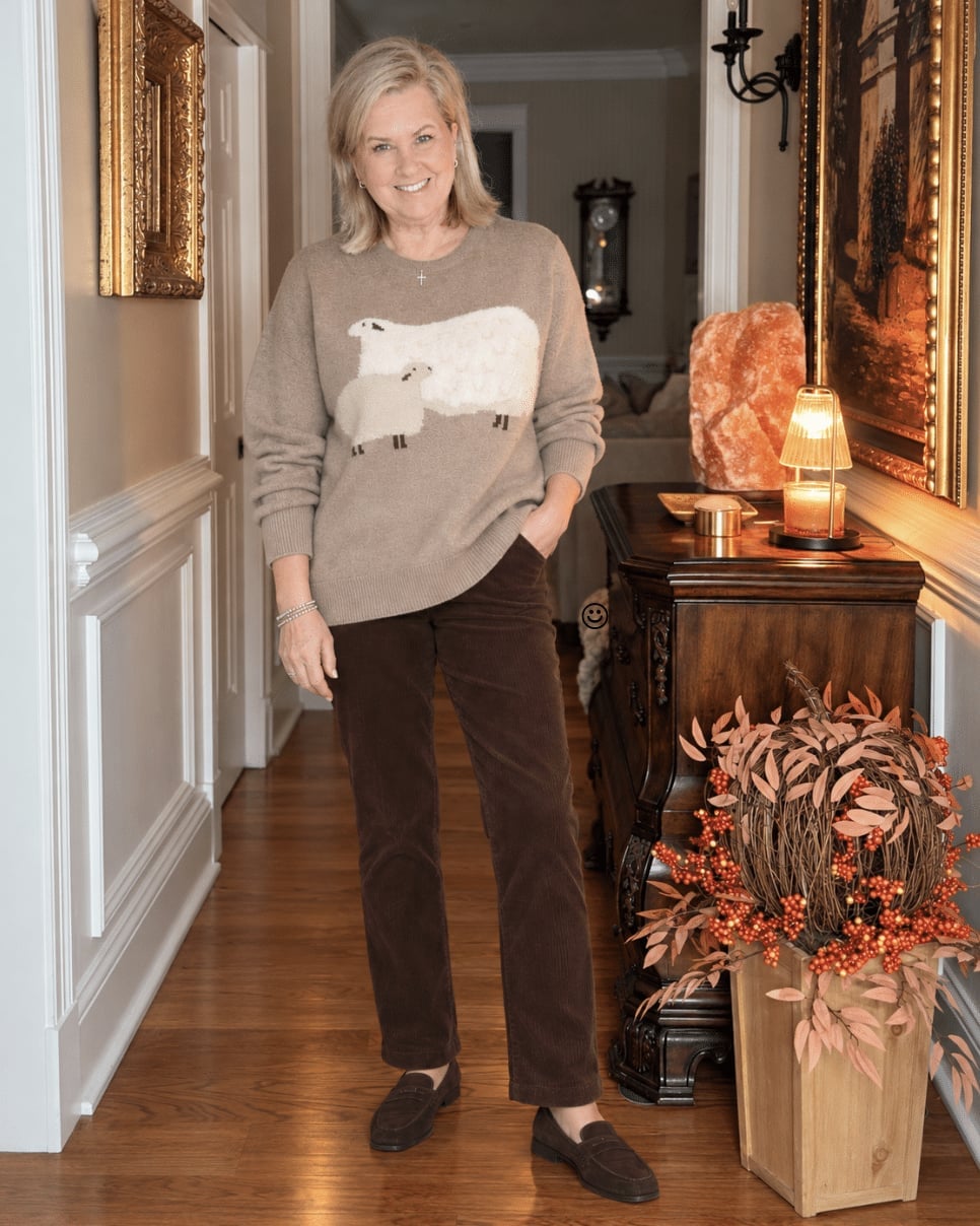 Beige Sweater With Corduroy Trousers Beige Sweater With Corduroy Trousers — Simple Dinner Outfits