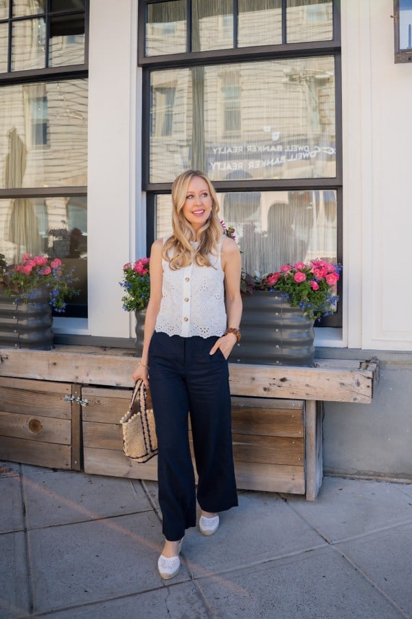White Eyelet Top With Wide Leg Trousers White Eyelet Top With Wide Leg Trousers — Simple Dinner Outfits