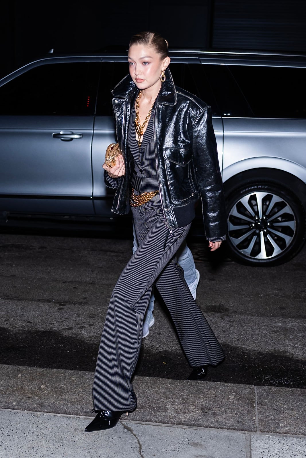 Sharp Pinstripe Suit with Patent Leather Jacket Sharp Pinstripe Suit with Patent Leather Jacket — Simple Dinner Outfits Night