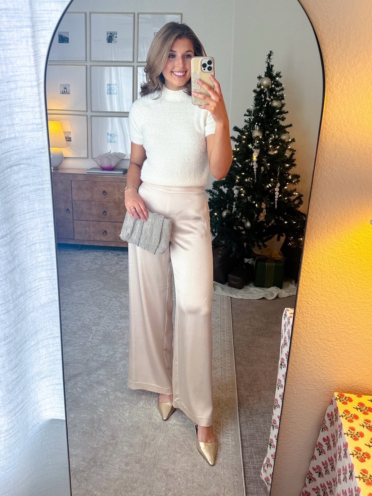 Cream Mock Neck Top with Champagne Satin Pants Cream Mock Neck Top with Champagne Satin Pants — Simple Dinner Outfits Night