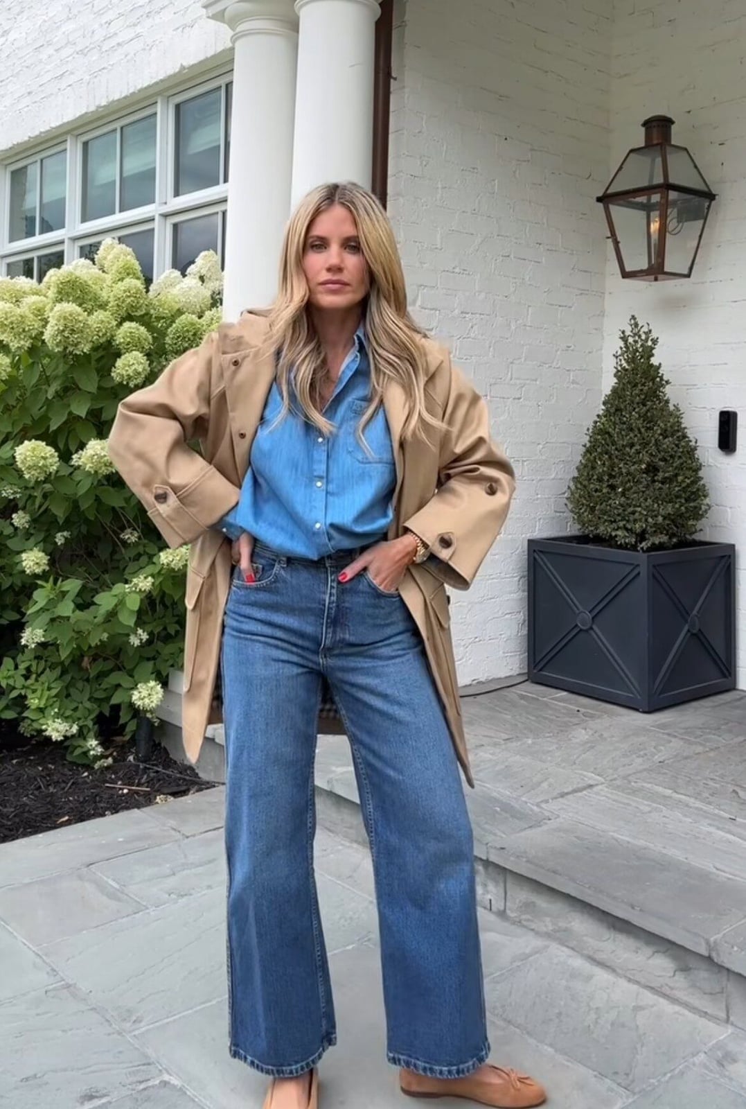 Denim Shirt and Wide-Leg Jeans with Trench Coat Denim Shirt and Wide-Leg Jeans with Trench Coat — Simple Dinner Outfits Night