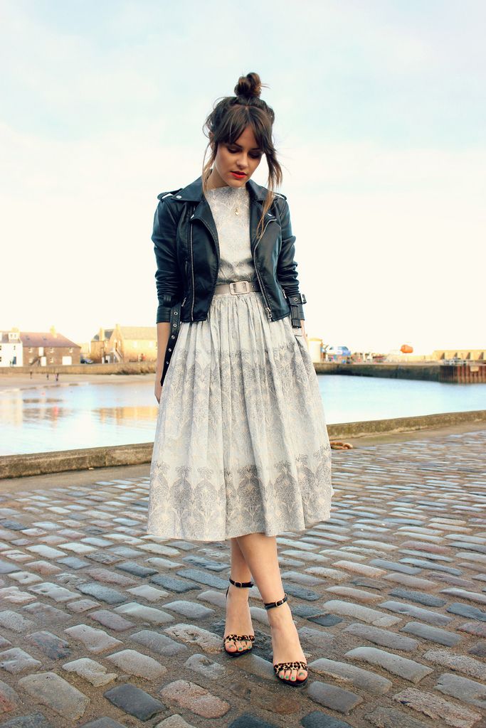 Leather Moto Jacket Over Patterned Midi Dress Leather Moto Jacket Over Patterned Midi Dress — Simple Dinner Outfits Night