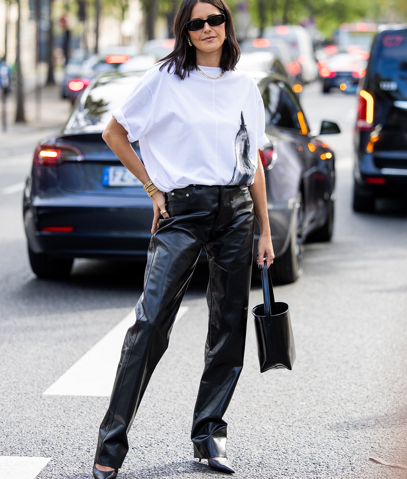 Leather Trousers with Graphic T-Shirt and Heels Leather Trousers with Graphic T-Shirt and Heels — Simple Dinner Outfits Night