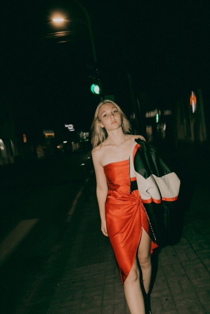 Vibrant Red Dress with Bomber Jacket Accent Vibrant Red Dress with Bomber Jacket Accent — Simple Dinner Outfits Night