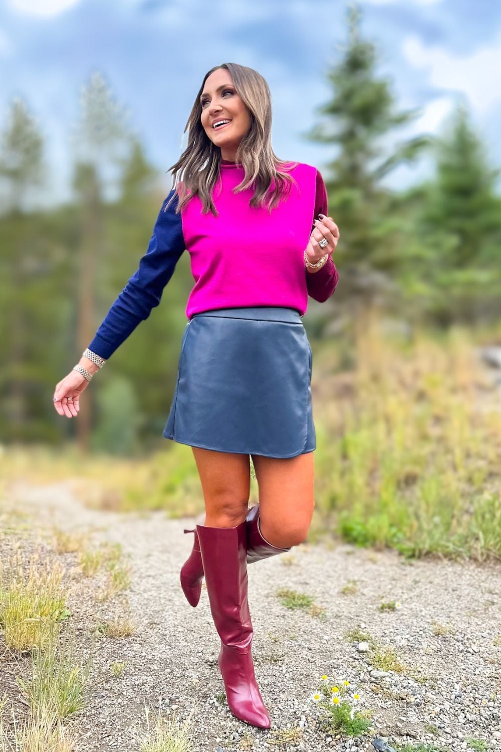 Colorblock Sweater with Faux Leather Mini Skirt Colorblock Sweater with Faux Leather Mini Skirt — Simple Dinner Outfits Night