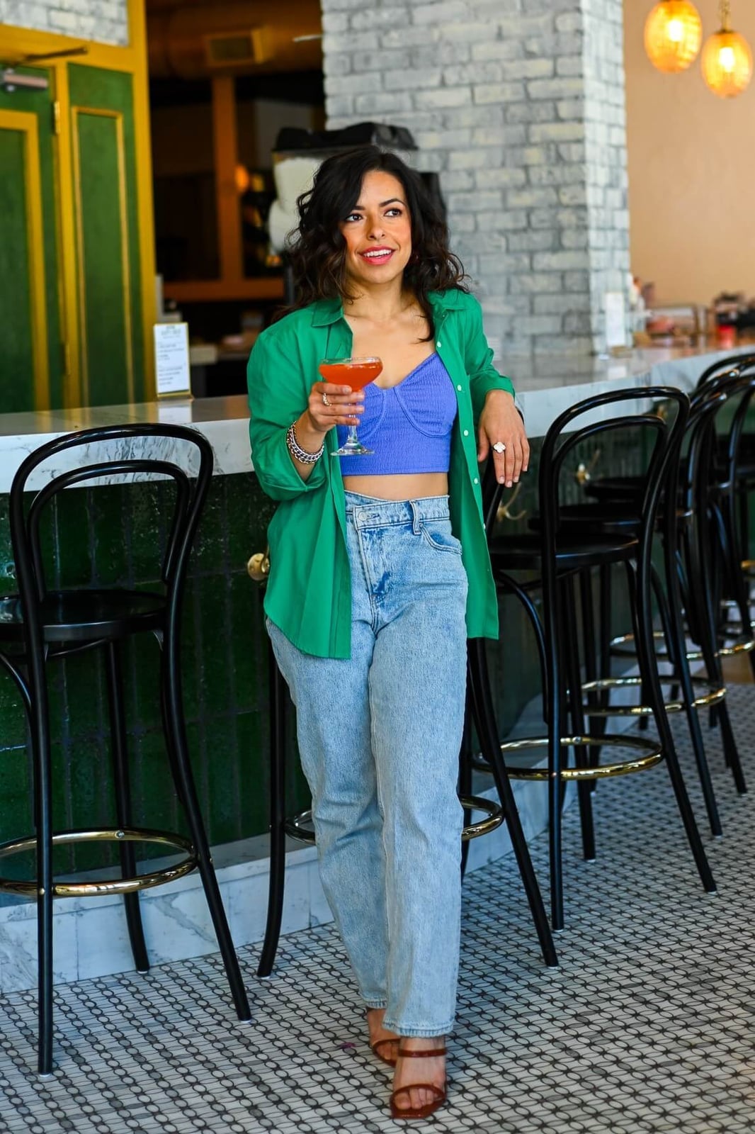 Oversized Green Shirt with Blue Crop Top and Jeans Oversized Green Shirt with Blue Crop Top and Jeans — Simple Dinner Outfits Night
