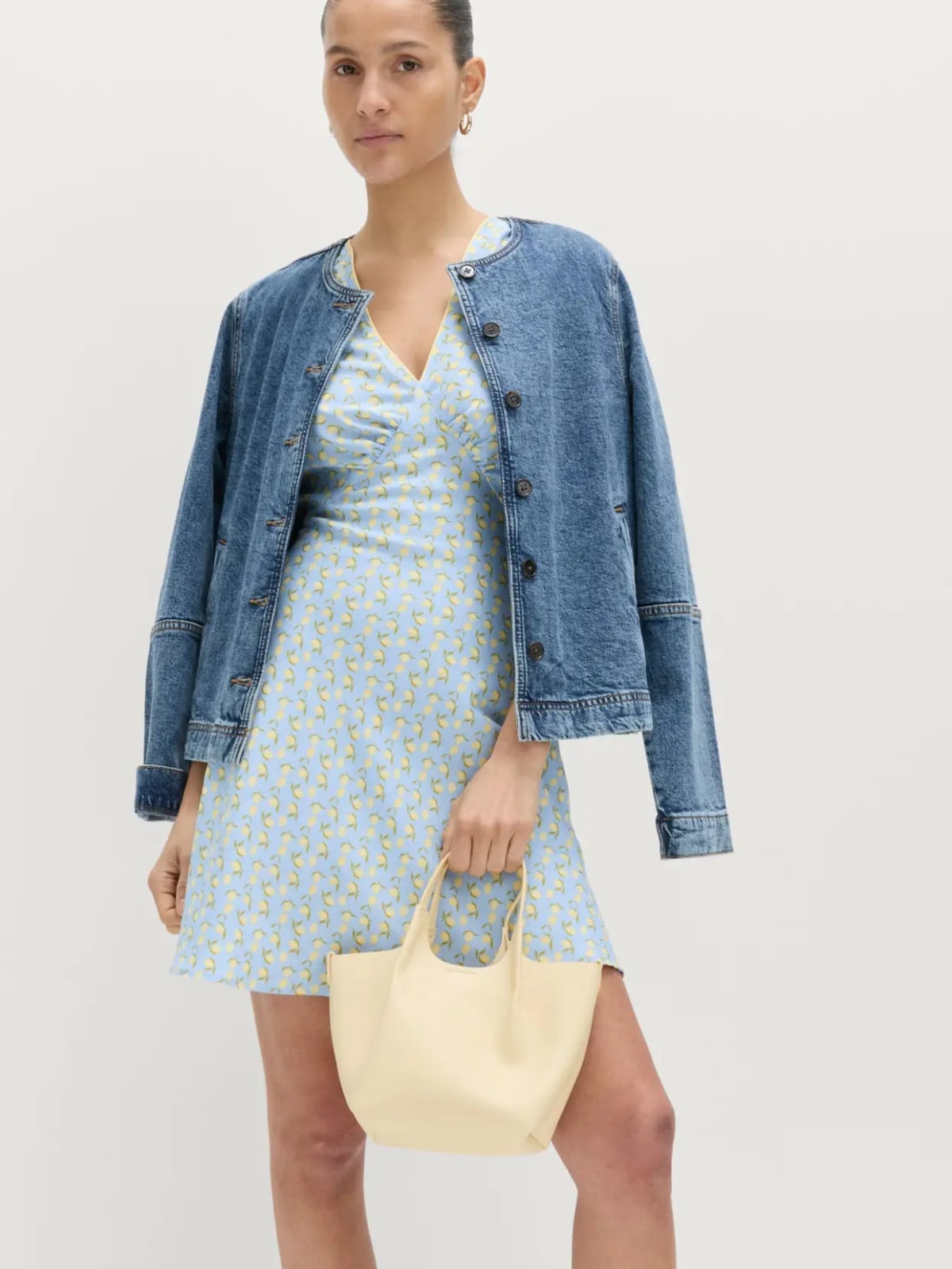 Patterned Mini Dress with Denim Jacket — Simple Dinner Party Outfits