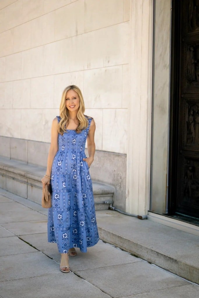 Blue Floral Print Tiered Midi Dress — Simple Dinner Party Outfits