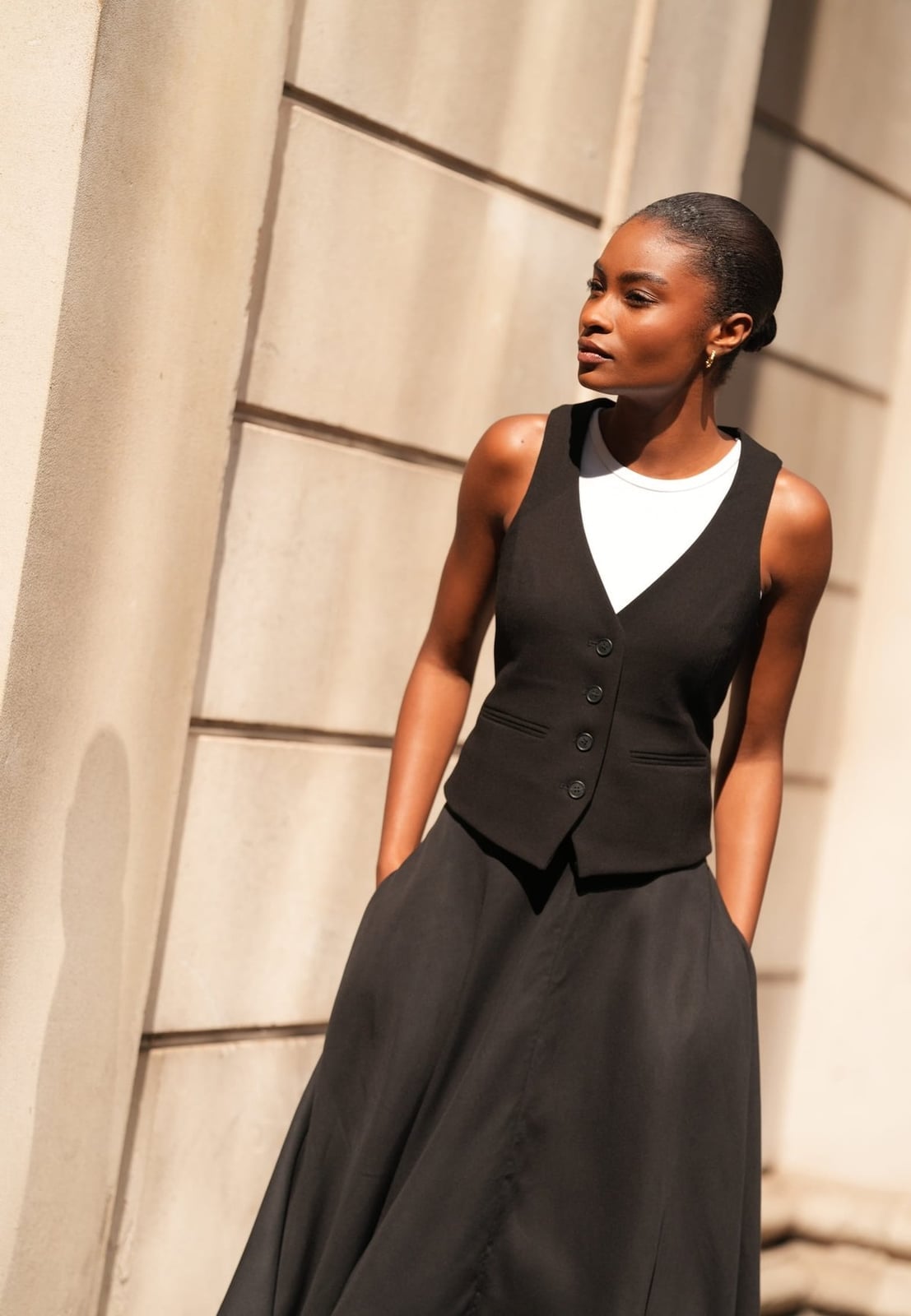 Black Vest and A-Line Skirt Ensemble — Simple Dinner Party Outfits