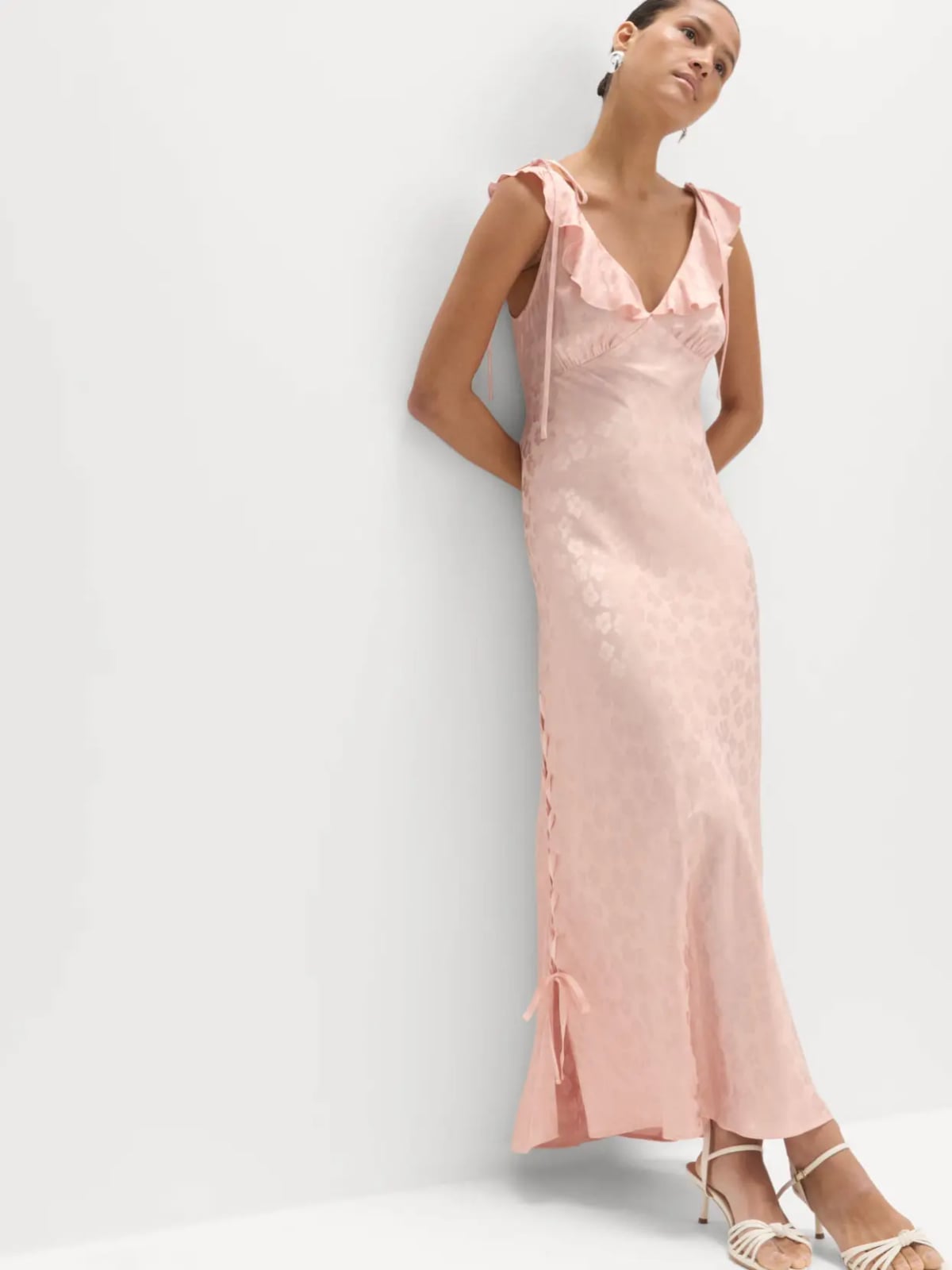 Pale Pink Bias-Cut Slip Dress with Ruffles — Simple Dinner Party Outfits