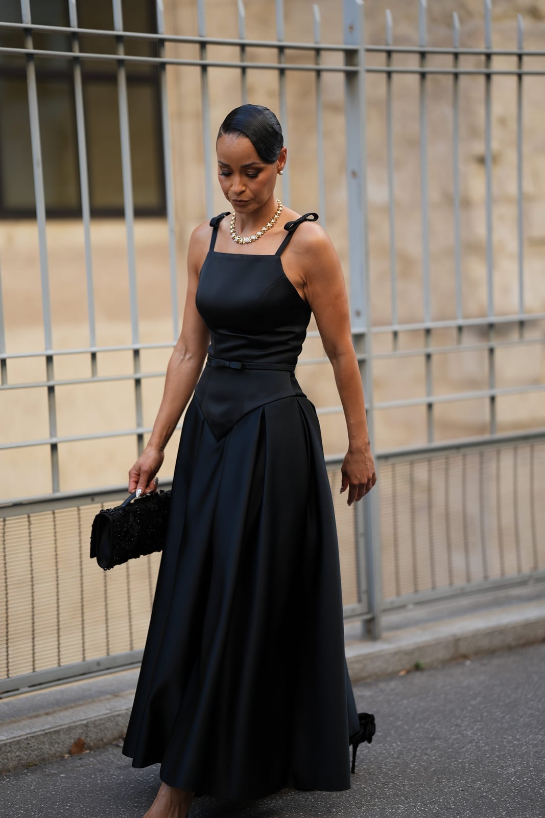 Black Satin Midi Dress with Full Skirt — Simple Dinner Party Outfits