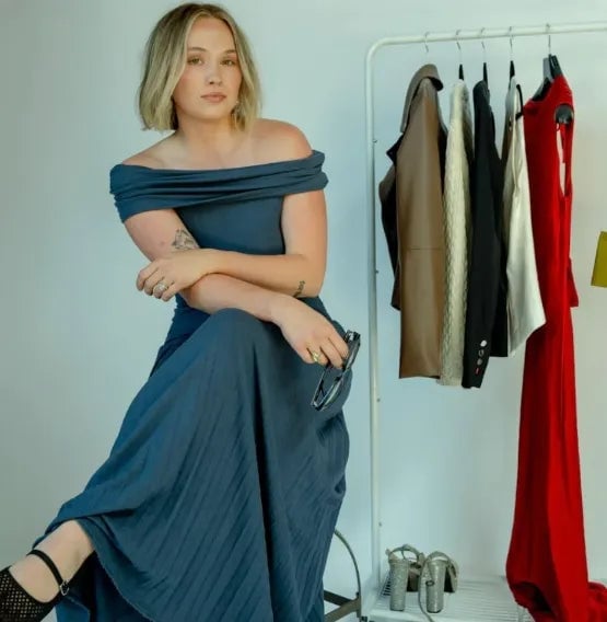 Deep Blue Off-the-Shoulder Pleated Dress — Simple Dinner Party Outfits