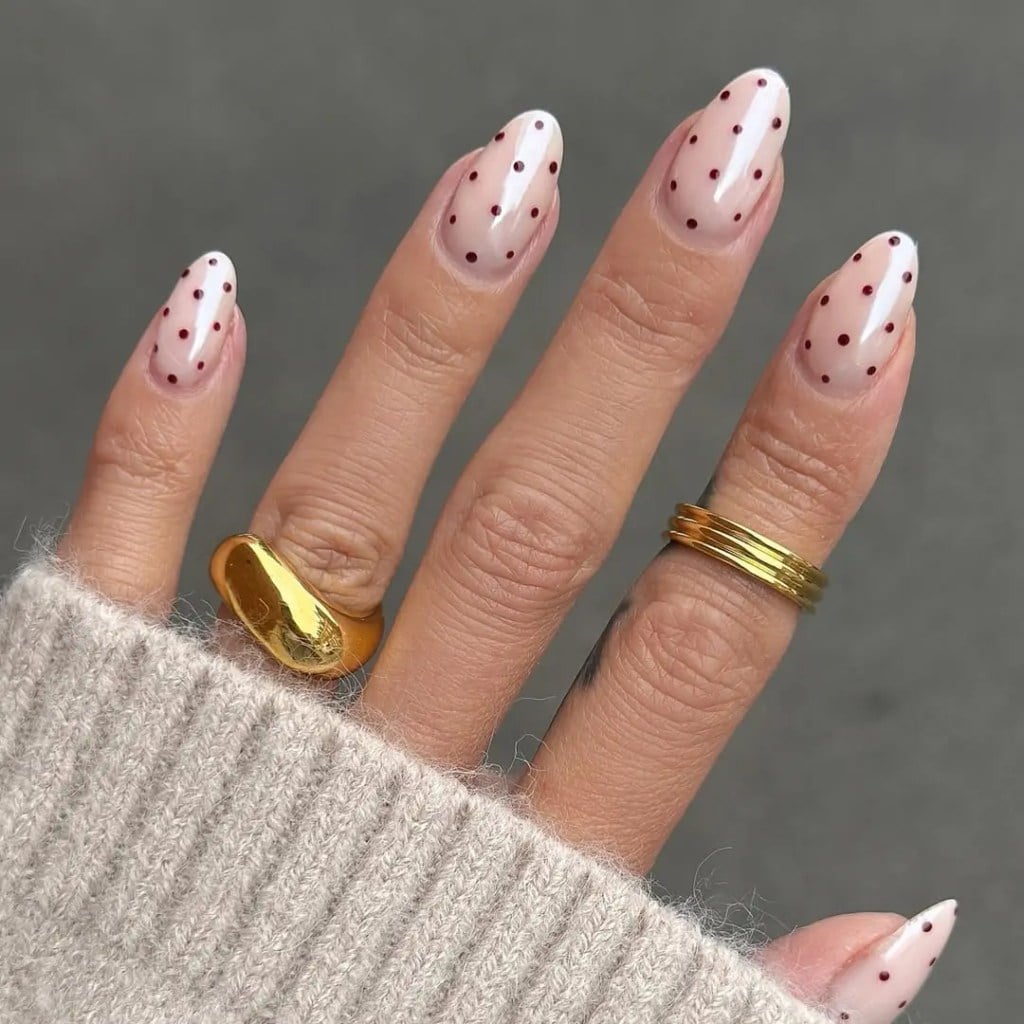 Medium Almond Sheer Nude With Dark Red Dots Medium Almond Sheer Nude With Dark Red Dots — Simple Dots Nail Designs