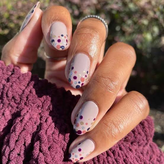 Medium Soft Square Beige With Multi-Colored Dots Medium Soft Square Beige With Multi-Colored Dots — Simple Dots Nail Designs