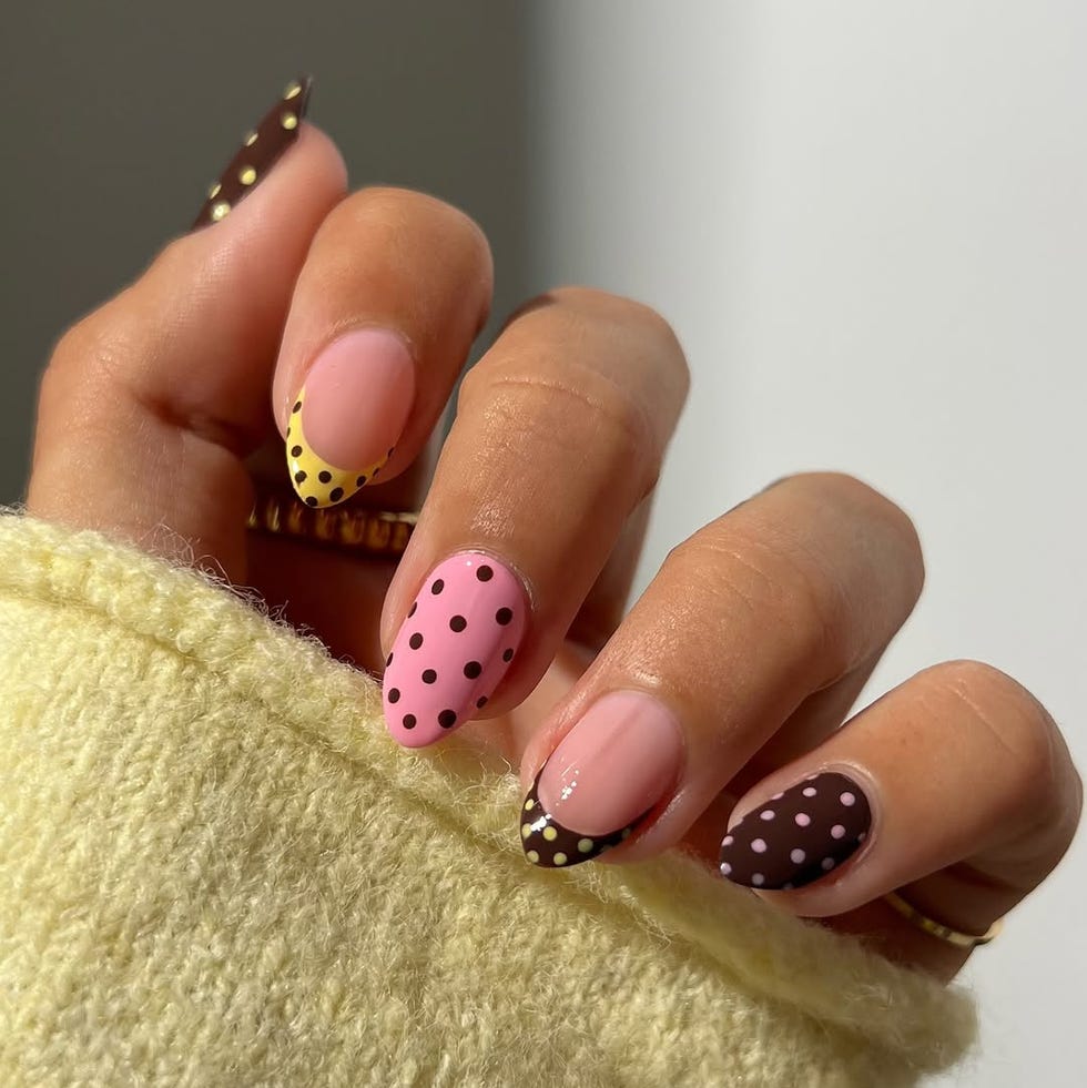 Medium Oval Pink Brown And Yellow Dot Mix Medium Oval Pink Brown And Yellow Dot Mix — Simple Dots Nail Designs