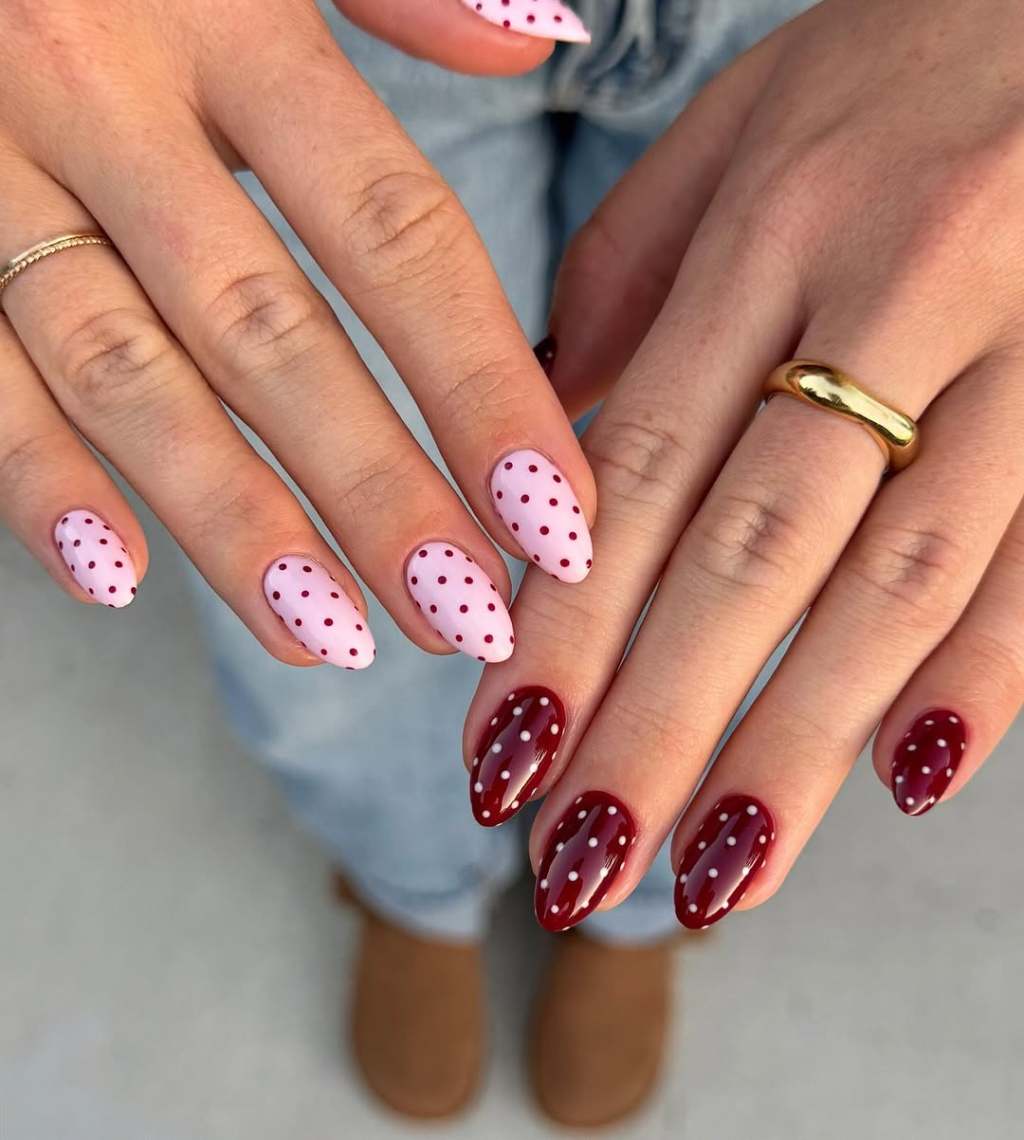 Medium Almond Deep Burgundy With White Dots Medium Almond Deep Burgundy With White Dots — Simple Dots Nail Designs