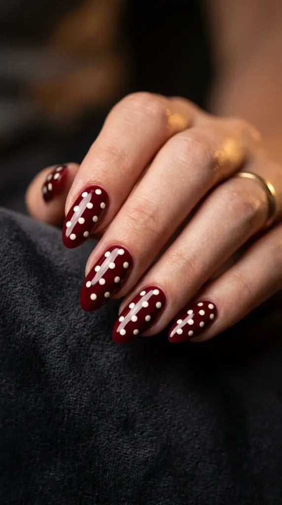 Medium Almond Deep Red With White Polka Dots Medium Almond Deep Red With White Polka Dots — Simple Dots Nail Designs