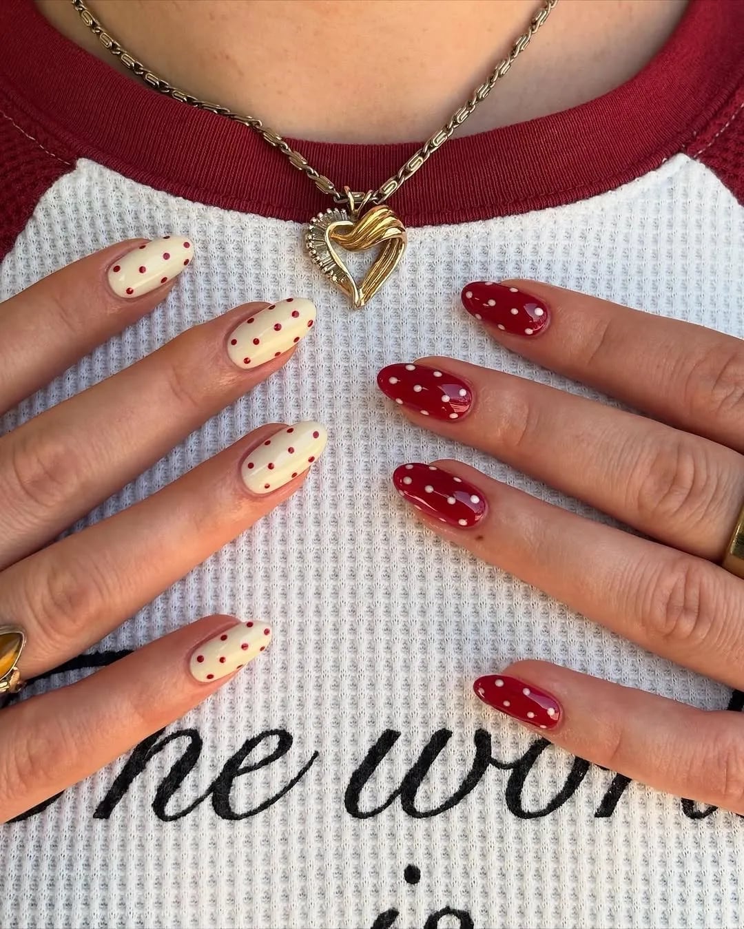 Medium Oval Creamy Base With Red Dots Medium Oval Creamy Base With Red Dots — Simple Dots Nail Designs