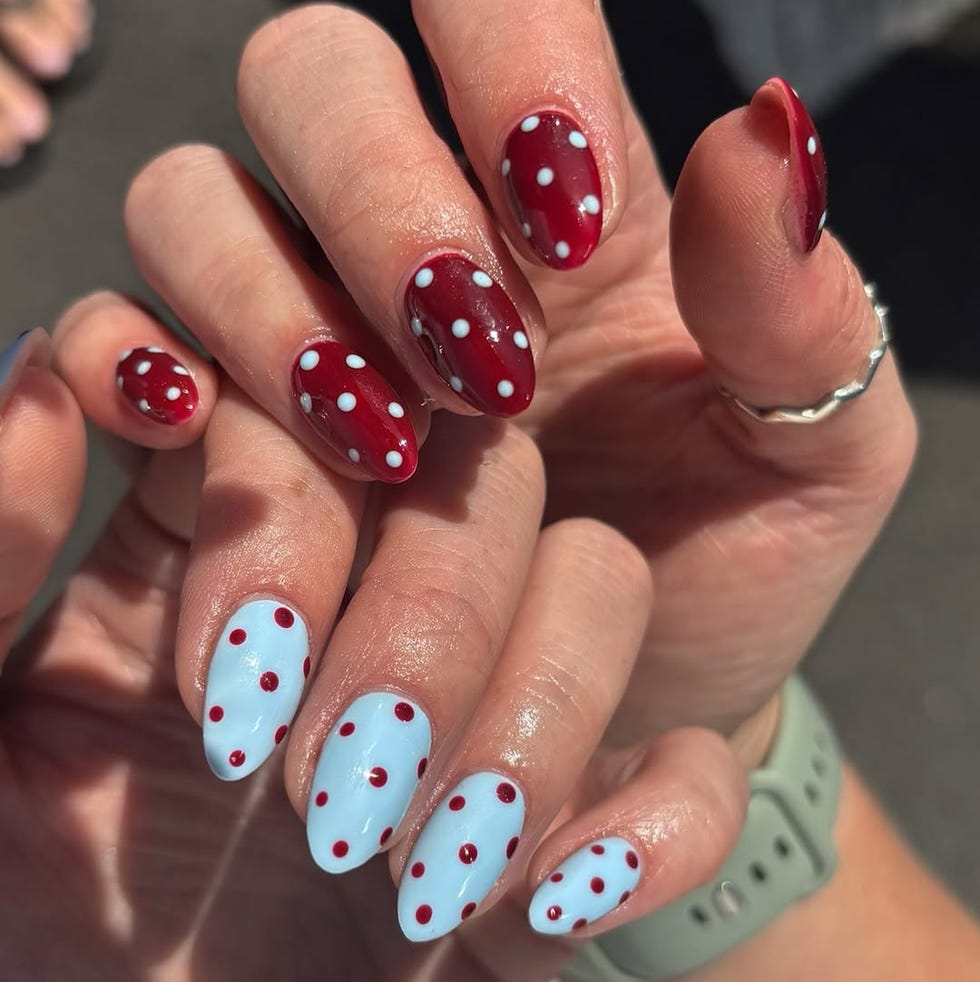 Medium Oval Deep Red White Dots And Blue Red Dots Medium Oval Deep Red White Dots And Blue Red Dots — Simple Dots Nail Designs