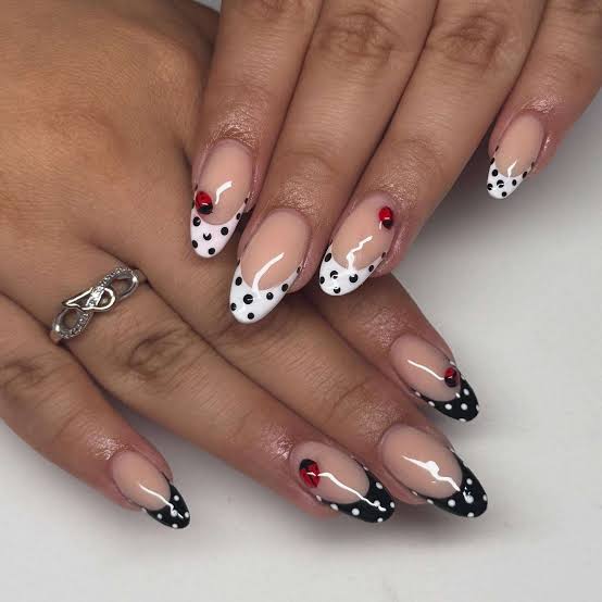 Medium Almond French Tip With Black Dots And Red Accents Medium Almond French Tip With Black Dots And Red Accents — Simple Dots Nail Designs