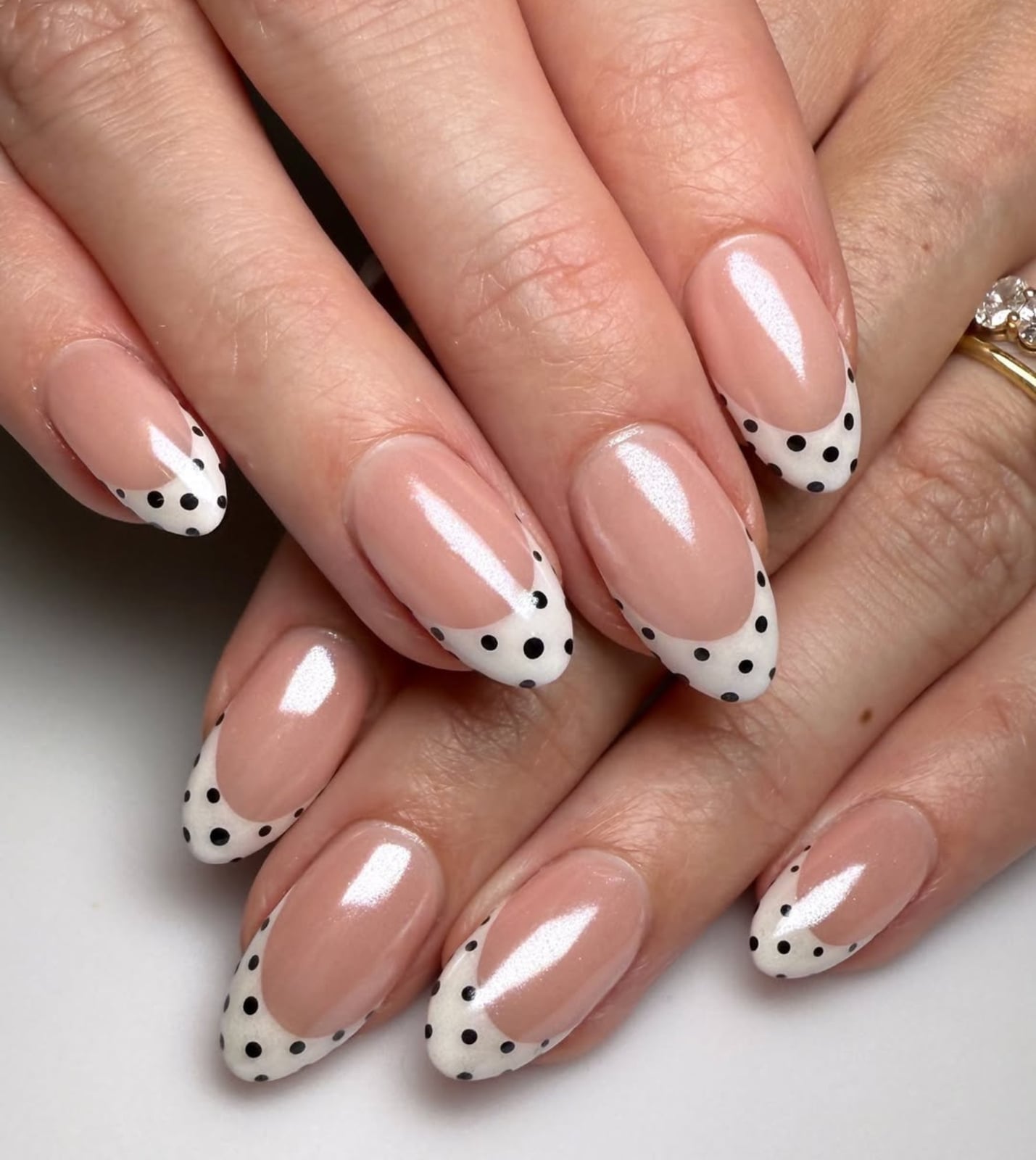 Medium Oval French Manicure With Black Dot Outline Medium Oval French Manicure With Black Dot Outline — Simple Dots Nail Designs