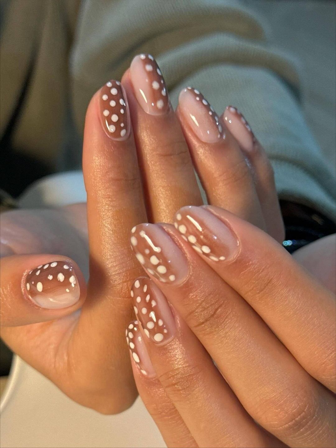 Medium Oval Nude With White Dots On French Tips Medium Oval Nude With White Dots On French Tips — Simple Dots Nail Designs
