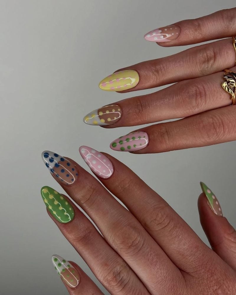 Medium Almond French Tip With Red And Nude Dots, Close-Up Take Medium Almond French Tip With Red And Nude Dots, Close-Up Take — Simple Dots Nail Designs