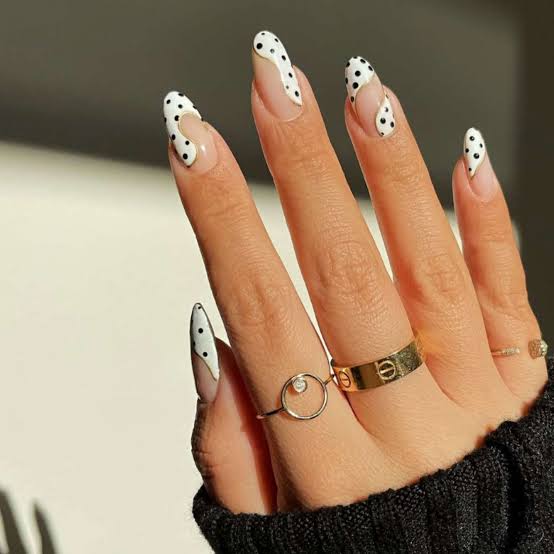 Long Almond French With Black Dots Long Almond French With Black Dots — Simple Dots Nail Designs