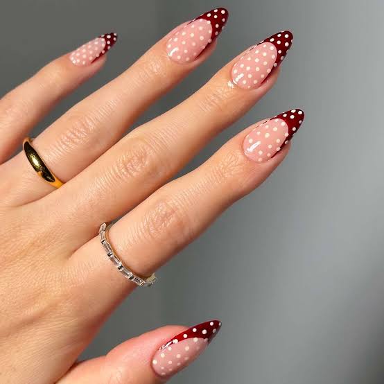 Long Stiletto French With Burgundy Tips And White Dots Long Stiletto French With Burgundy Tips And White Dots — Simple Dots Nail Designs