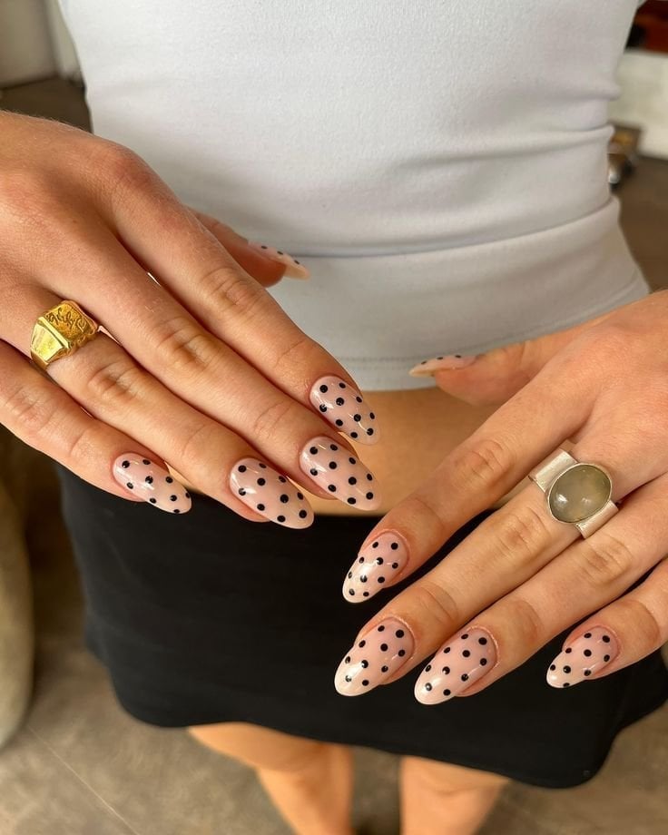 Long Almond Sheer Nude With Scattered Black Dots Long Almond Sheer Nude With Scattered Black Dots — Simple Dots Nail Designs