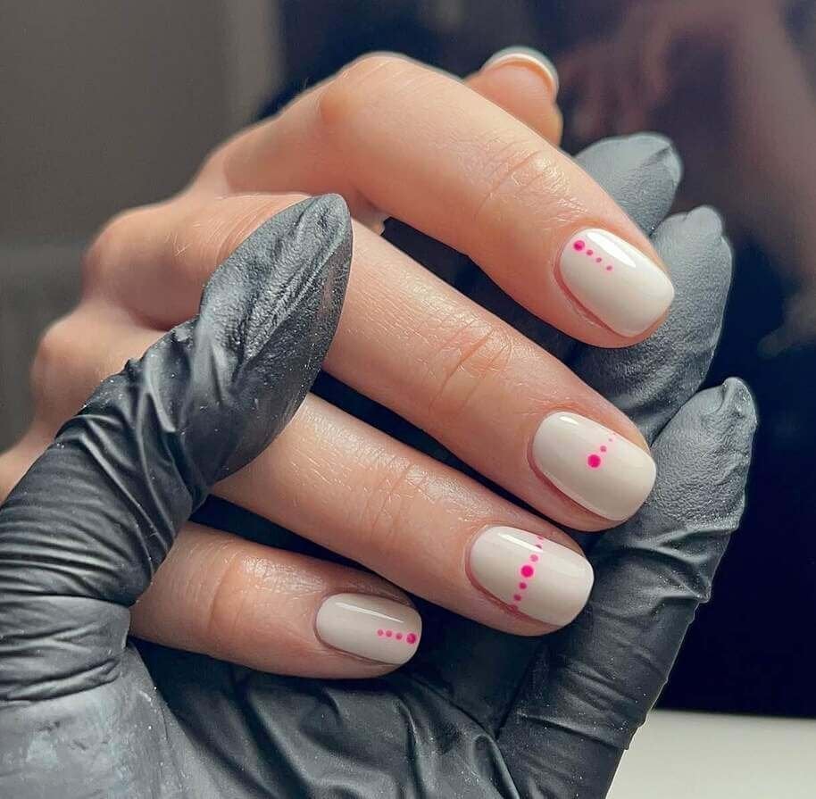 Short Almond Beige With Pink Dot Clusters Short Almond Beige With Pink Dot Clusters — Simple Dots Nail Designs