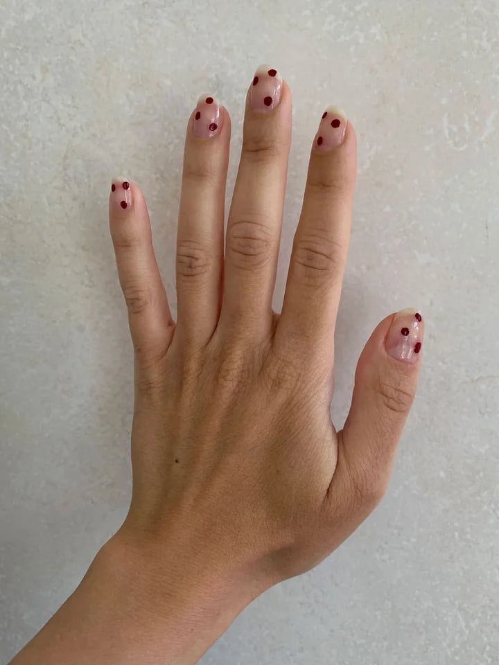Short Square Clear Nude With Dark Red Dots Short Square Clear Nude With Dark Red Dots — Simple Dots Nail Designs