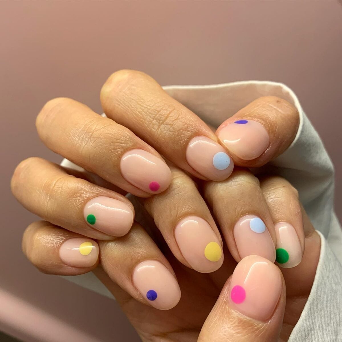 Short Oval Nude With Small Colorful Dots Short Oval Nude With Small Colorful Dots — Simple Dots Nail Designs