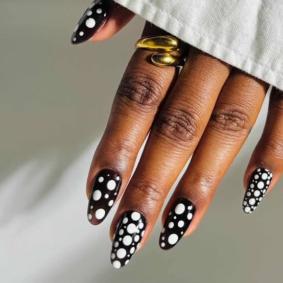 Medium Almond Glossy Black With White Dots Medium Almond Glossy Black With White Dots — Simple Dots Nail Designs