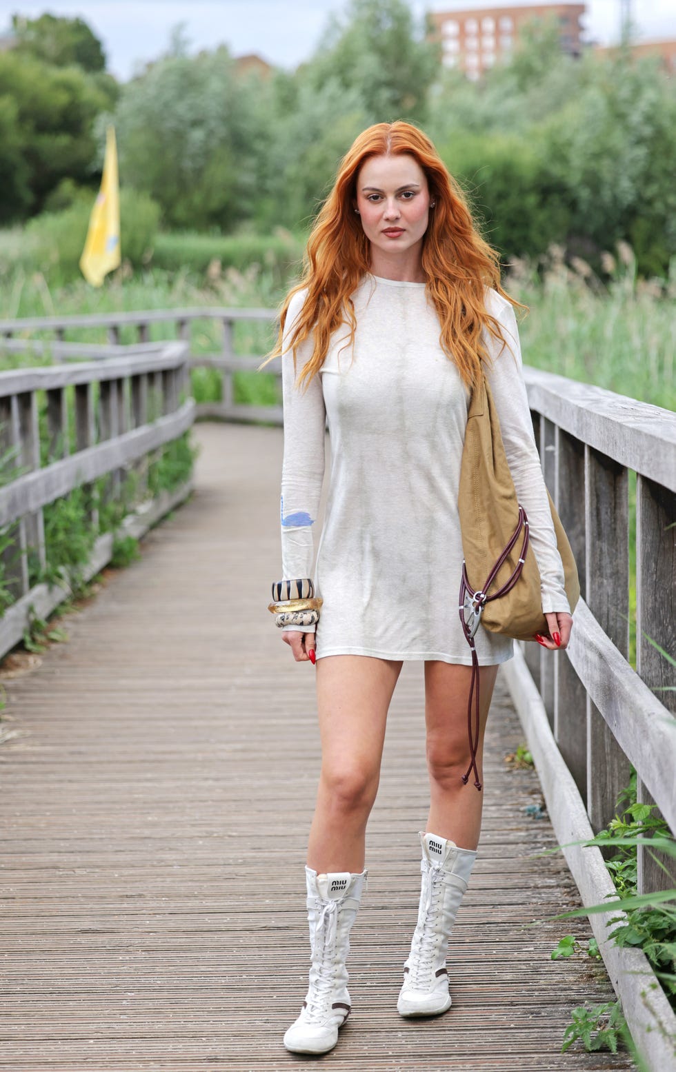White Mini Dress With Lace Up Boots — Simple Dress and Boots