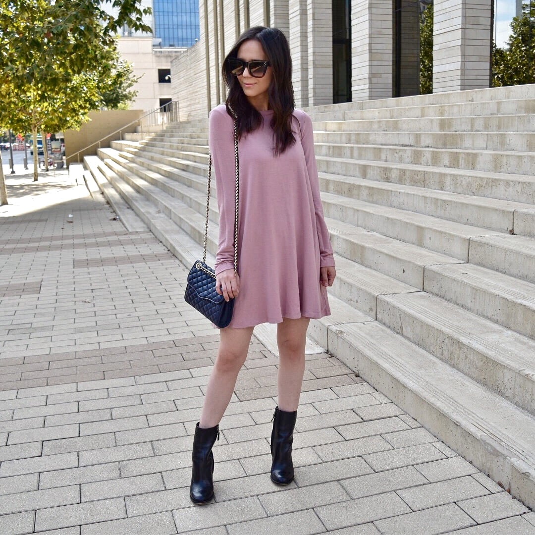 Pink Swing Dress With Ankle Boots — Simple Dress and Boots